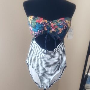 Time and Tru Floral and Striped One Piece Swimsuit